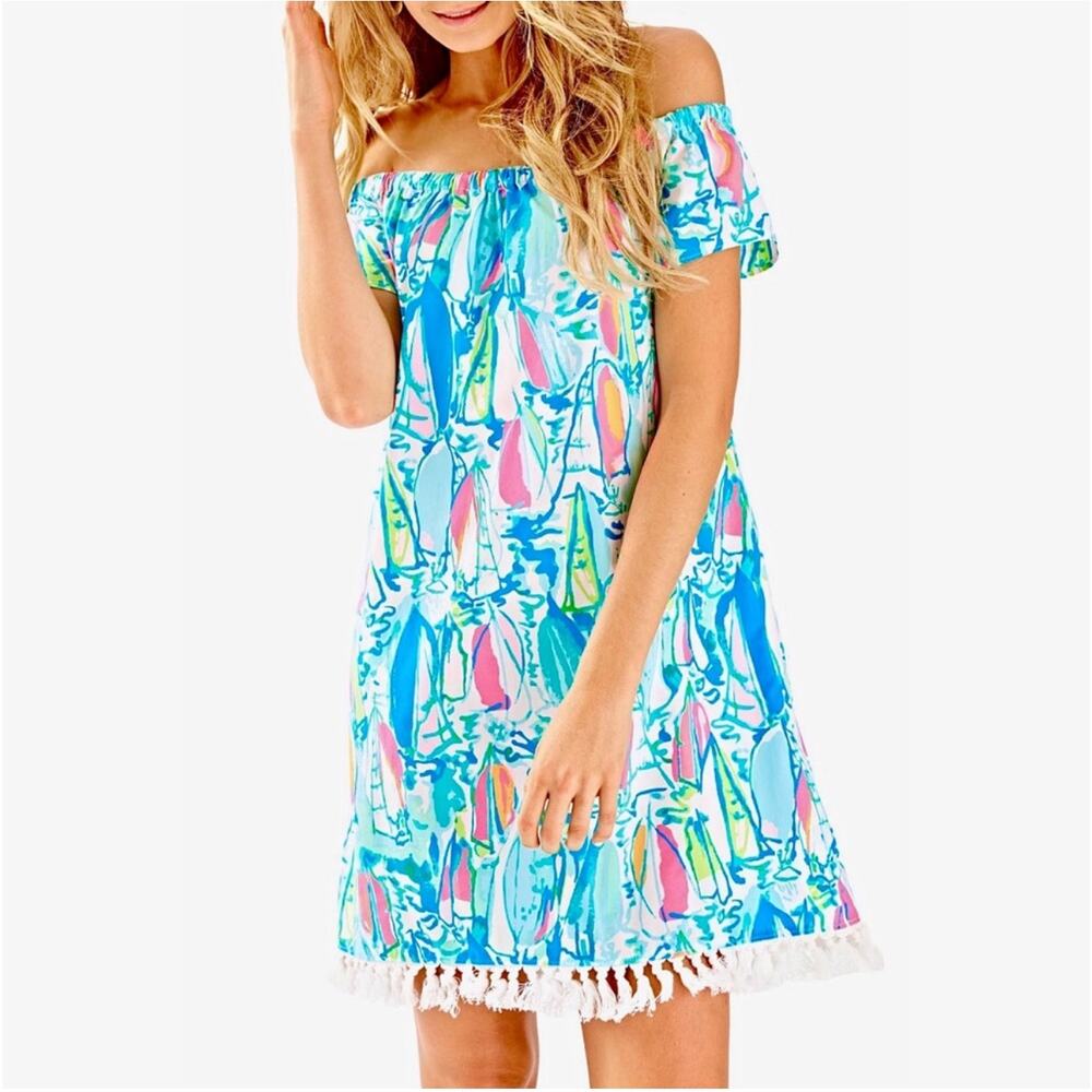 Lilly Pulitzer Off-Shoulder Boat Print Shift Dress in Turquoise, Pink and Blue